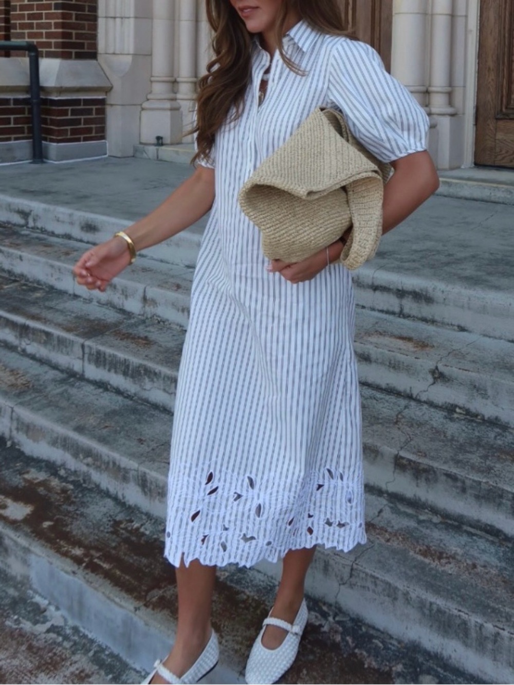 J.Crew Embroidered Shirt Dress Striped Cotton Poplin Ivory Blue Size 4 Petite